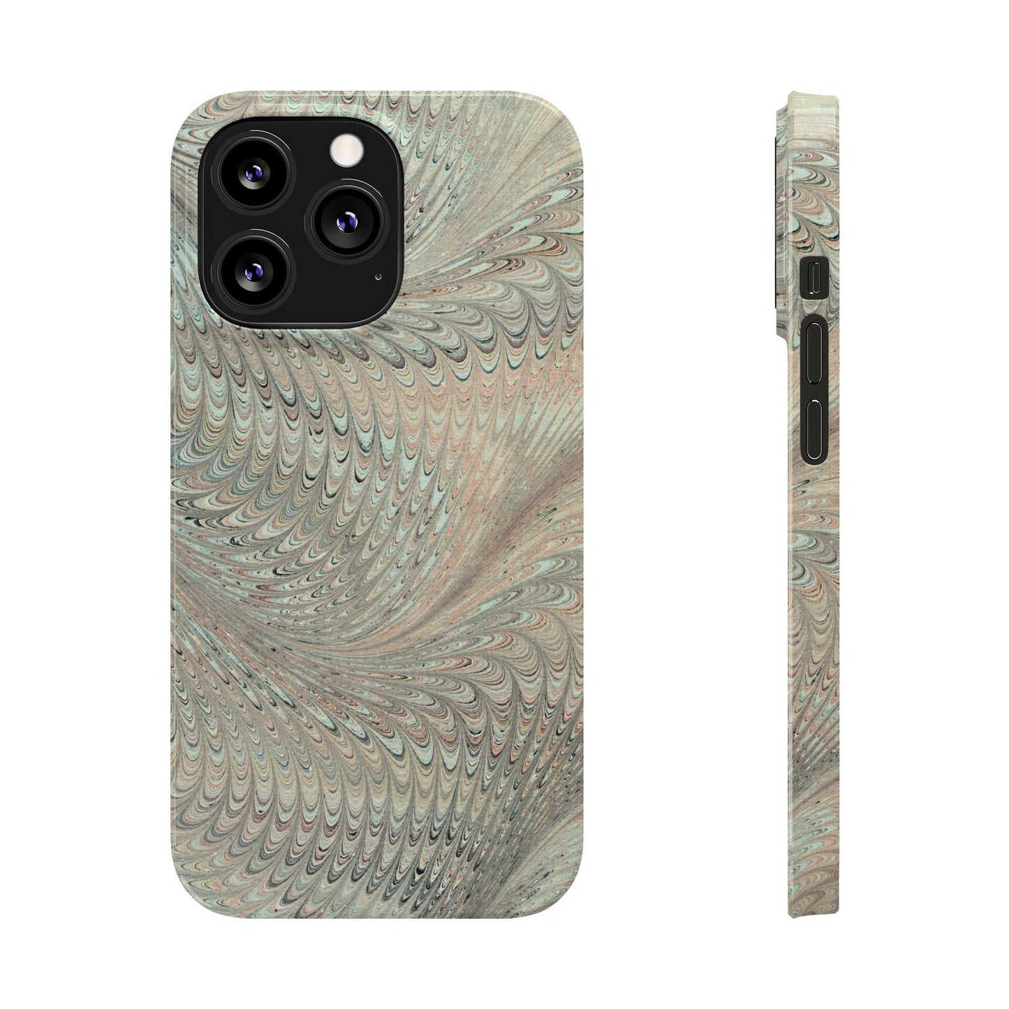 Marbled VIntage Design, Italian Feather Phone Case, Green Hues, Mint, Beige, Neutrals, Slim Phone Cases, IPHONE16 and all sizes
