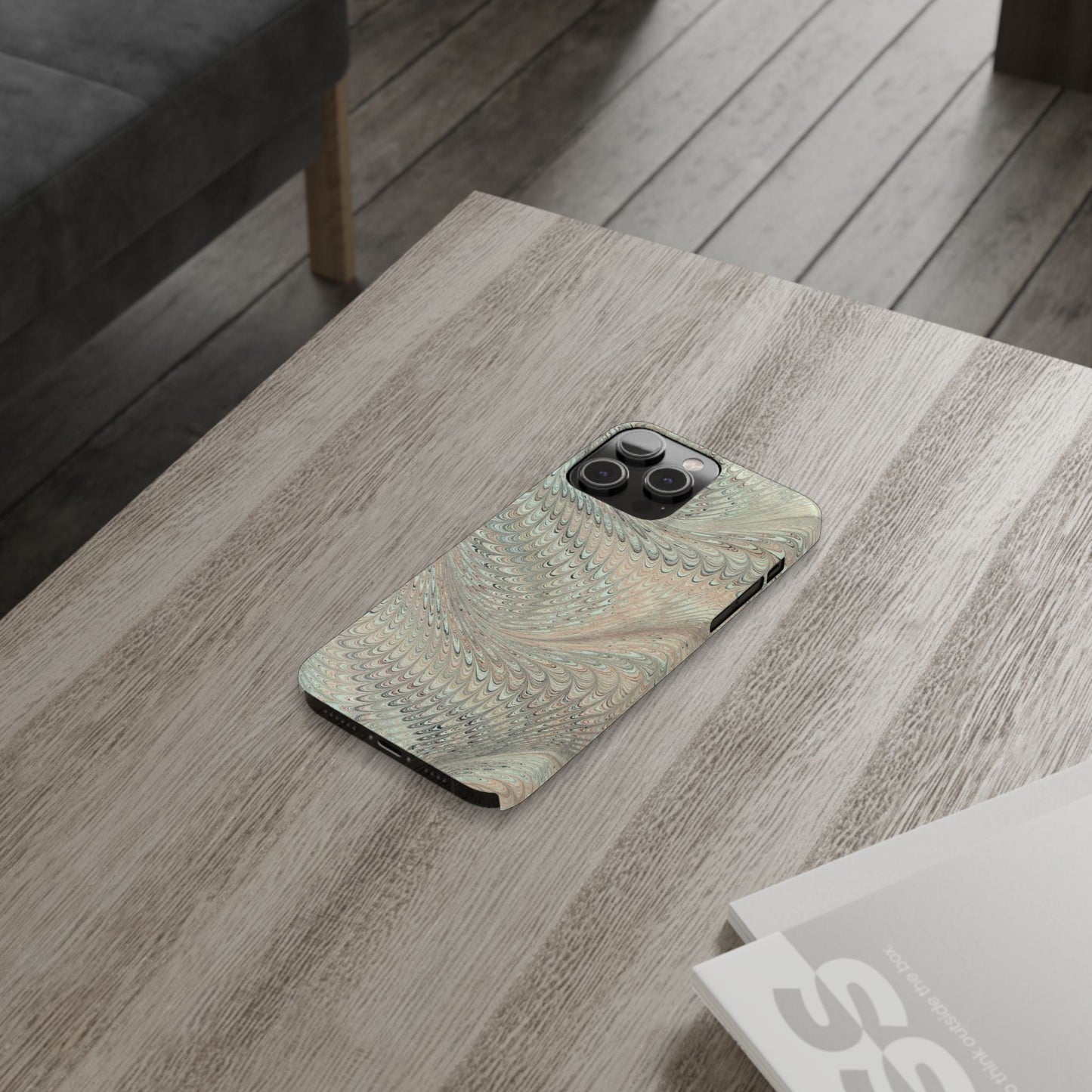 Marbled VIntage Design, Italian Feather Phone Case, Green Hues, Mint, Beige, Neutrals, Slim Phone Cases, IPHONE16 and all sizes